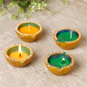 Wax Filled Circular Design Terracotta Diyas-Set Of 4 2