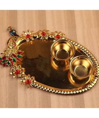 Peacock Shape Kumkum Tilak Thali with Two Katoris, Haldi Kumkum Rakhi thali Set, Pooja thali, Festival Kumkum vati 1