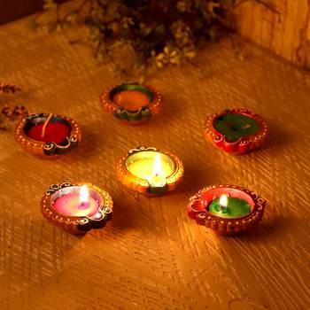 Small Handpainted Wax Filled Terracotta Diyas - Set Of 12 1