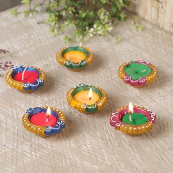 Small Handpainted Wax Filled Terracotta Diyas - Set Of 12 2