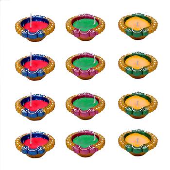 Small Handpainted Wax Filled Terracotta Diyas - Set Of 12 3