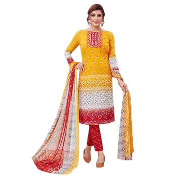 Orange printed crepe unstitched Dress material 1