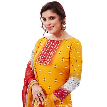 Orange printed crepe unstitched Dress material 4