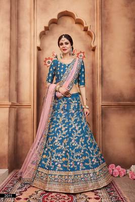 Blue Embroidered Art Silk Unstitched Lehenga 1