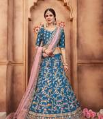 Blue Embroidered Art Silk Unstitched Lehenga