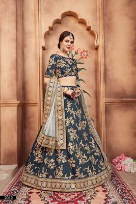 Green Embroidered Art Silk Unstitched Lehenga 3