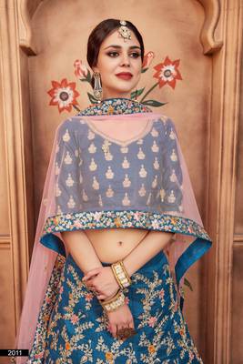 Blue Embroidered Art Silk Unstitched Lehenga 4