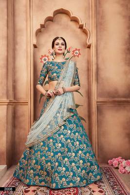 Green Embroidered Art Silk Unstitched Lehenga 1
