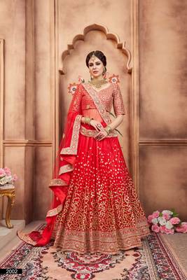 Red Embroidered Net Unstitched Lehenga 1