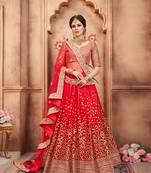 Red Embroidered Net Unstitched Lehenga