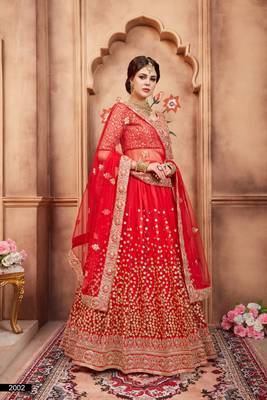 Red Embroidered Net Unstitched Lehenga 3