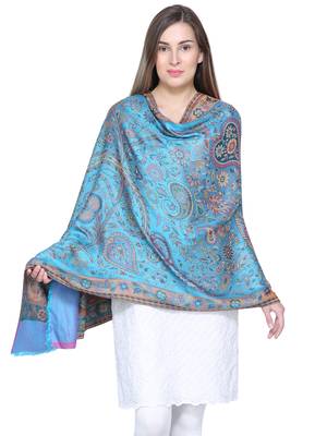 Blue & Multicolour Viscose Rayon Woven Design Paisley Shawl 1