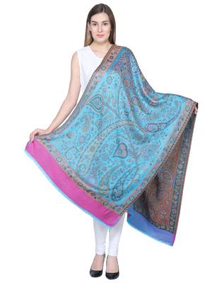Blue & Multicolour Viscose Rayon Woven Design Paisley Shawl 3