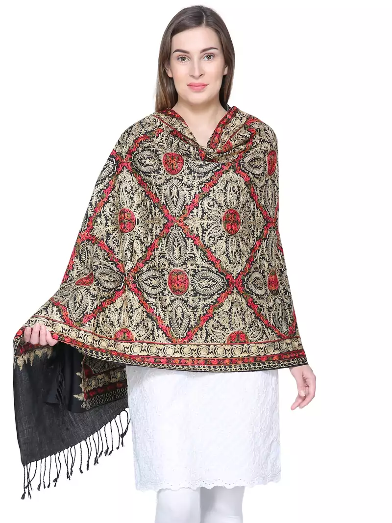 Black & Multicolour Woolen Heavy Embroidered Shawl