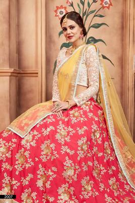 Pink Embroidered Silk Unstitched Lehenga 4