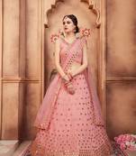 Peach Embroidered Georgette Unstitched Lehenga