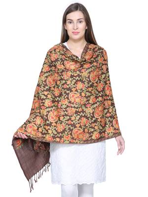 Dark Brown & Multicolour Woolen Heavy Embroidered Shawl 1