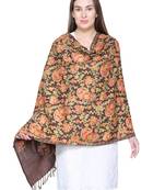 Dark Brown & Multicolour Woolen Heavy Embroidered Shawl