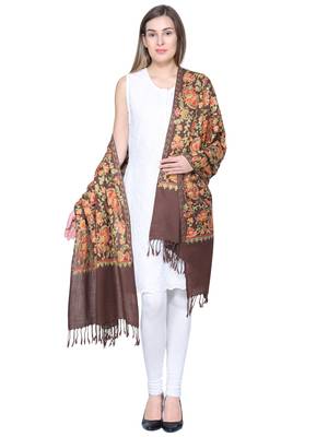 Dark Brown & Multicolour Woolen Heavy Embroidered Shawl 2