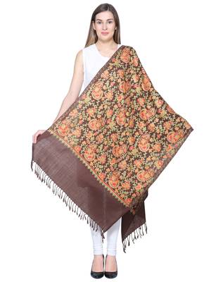 Dark Brown & Multicolour Woolen Heavy Embroidered Shawl 3