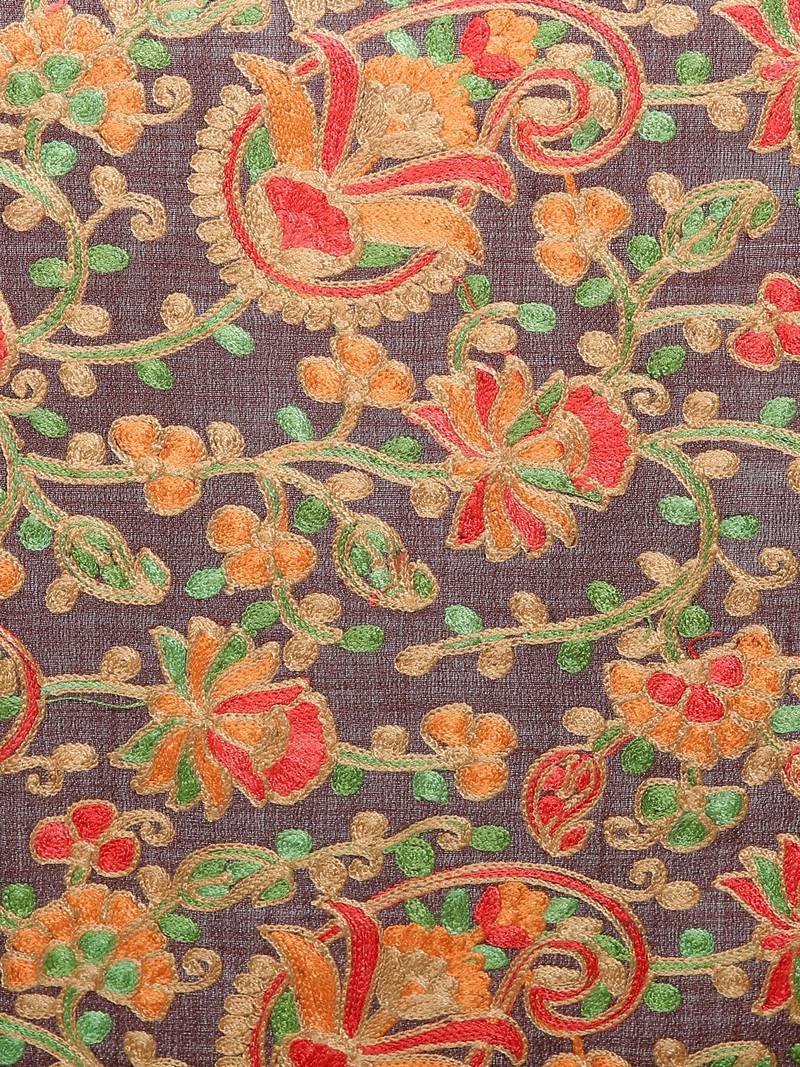 Dark Brown & Multicolour Woolen Heavy Embroidered Shawl