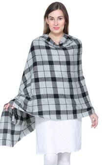 Grey & Black Woolen Woven Design Checkered Shawl