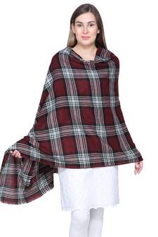 Wine & Black Woolen Woven Design Checkered Shawl
