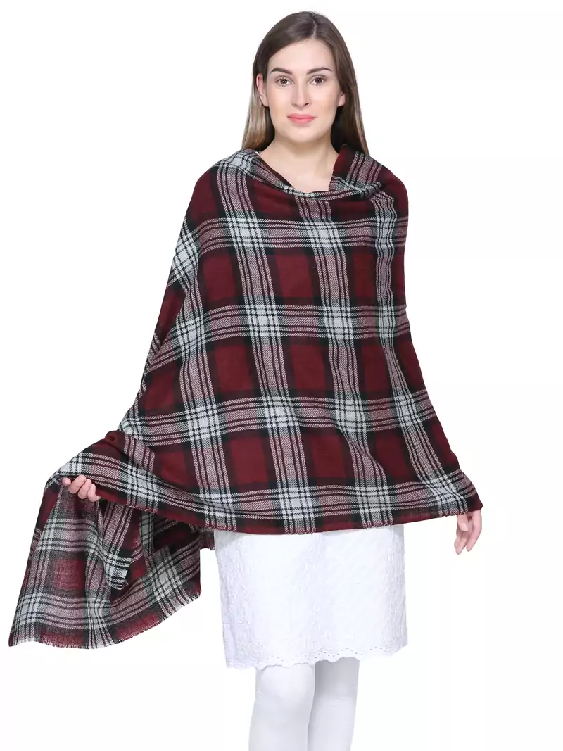 Wine & Black Woolen Woven Design Checkered Shawl