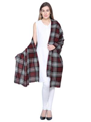 Wine & Black Woolen Woven Design Checkered Shawl 2