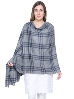 Grey & Navy Blue Woolen Woven Design Checkered Shawl 1