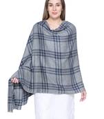 Grey & Navy Blue Woolen Woven Design Checkered Shawl