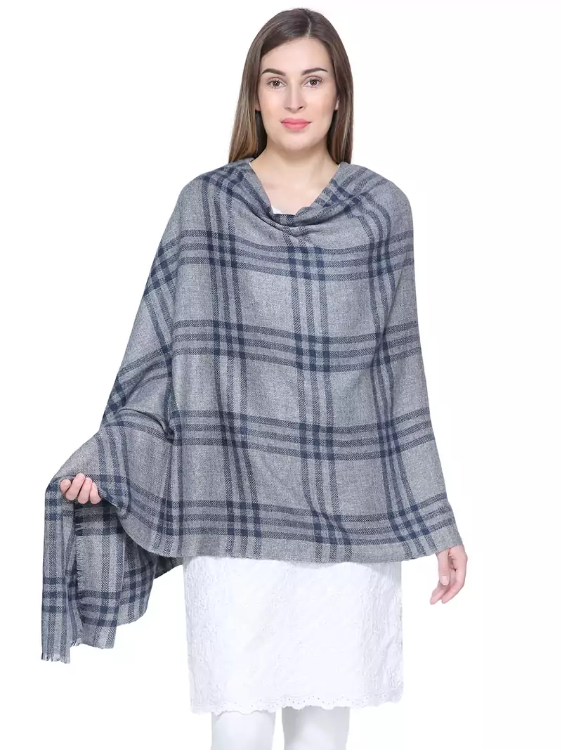 Grey & Navy Blue Woolen Woven Design Checkered Shawl