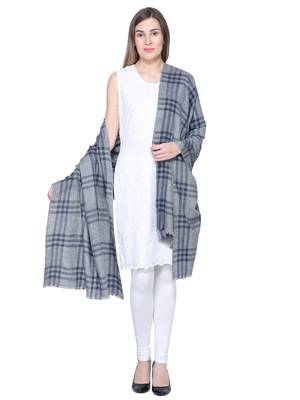 Grey & Navy Blue Woolen Woven Design Checkered Shawl 2