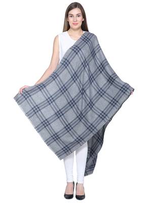 Grey & Navy Blue Woolen Woven Design Checkered Shawl 3