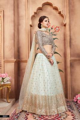 Light-Blue Embroidered Net Unstitched Lehenga 3