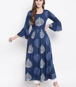 Blue Floral Printed Rayon Flared Kurta