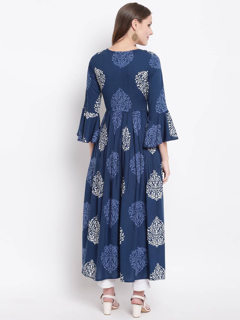 Blue Floral Printed Rayon Flared Kurta
