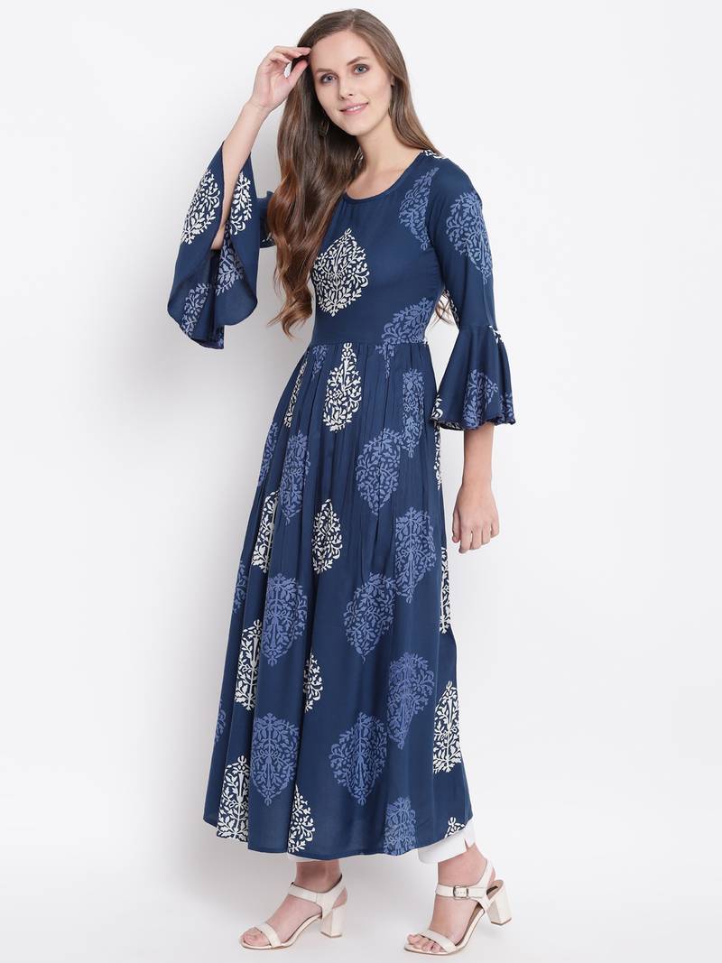 Blue Floral Printed Rayon Flared Kurta