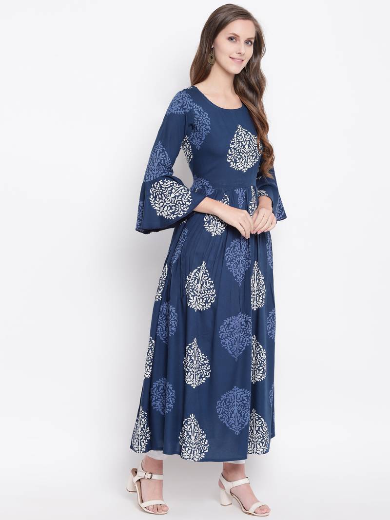 Blue Floral Printed Rayon Flared Kurta