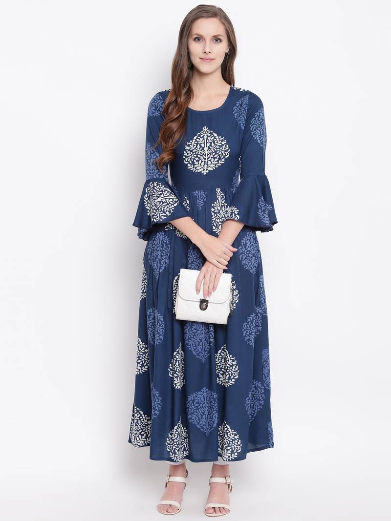 Blue Floral Printed Rayon Flared Kurta
