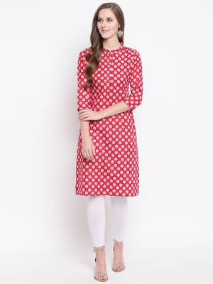 Red Floral Print Cotton Blend Straight Kurta 1