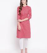 Red Floral Print Cotton Blend Straight Kurta