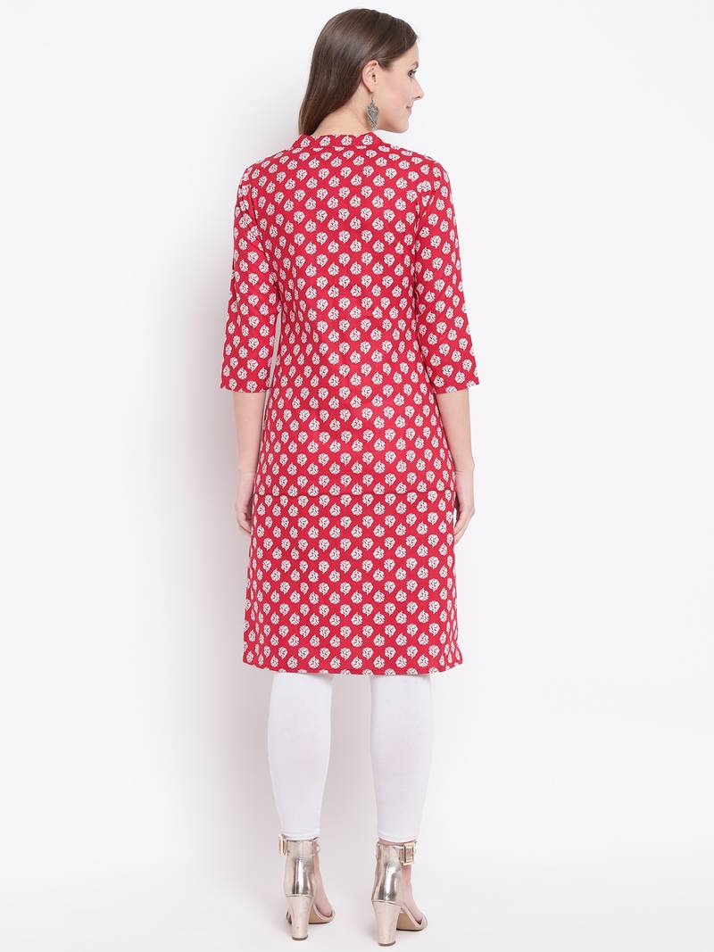 Red Floral Print Cotton Blend Straight Kurta