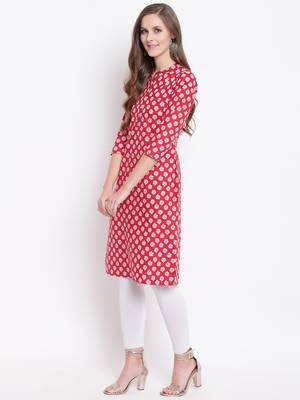 Red Floral Print Cotton Blend Straight Kurta 3