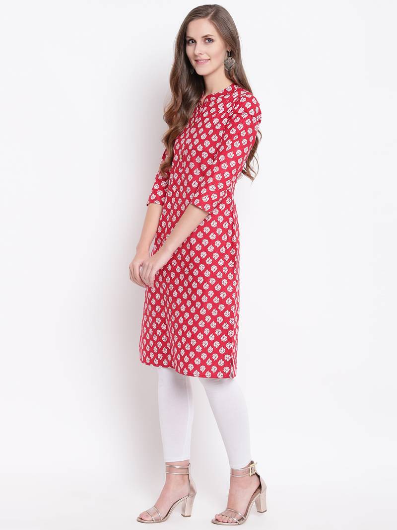 Red Floral Print Cotton Blend Straight Kurta