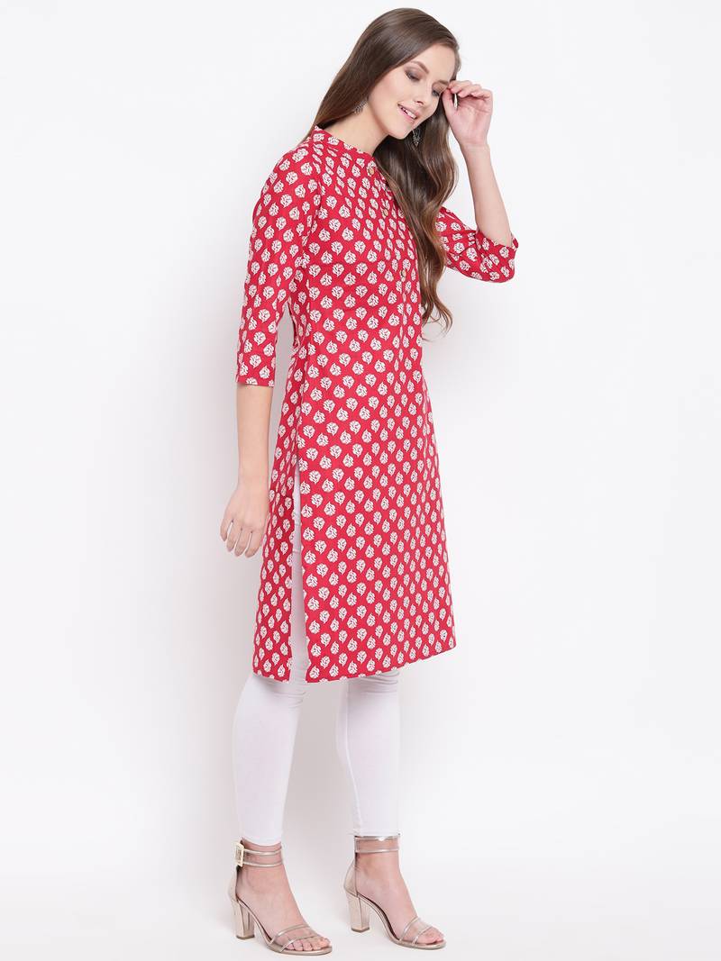 Red Floral Print Cotton Blend Straight Kurta
