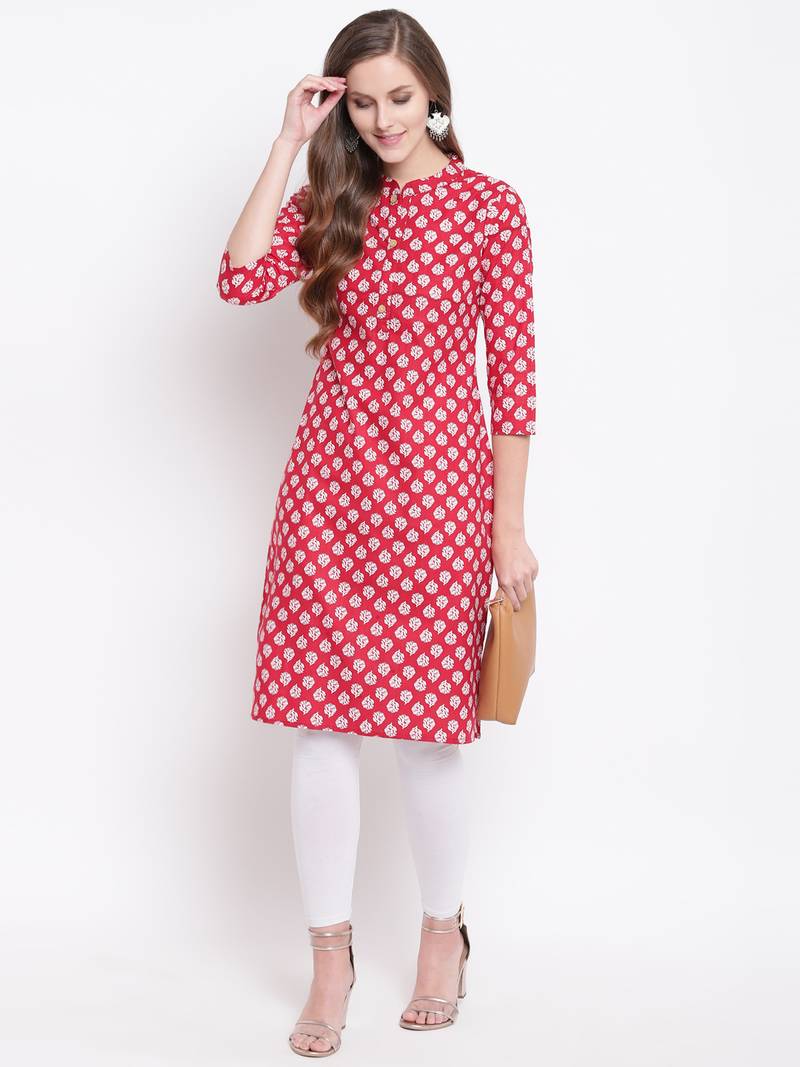 Red Floral Print Cotton Blend Straight Kurta