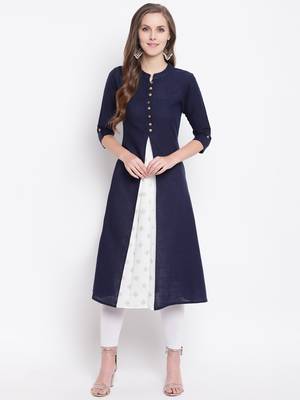 Navy Blue Gold Print Cotton Slub A-Line Kurta 1
