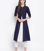 Navy Blue Gold Print Cotton Slub A-Line Kurta