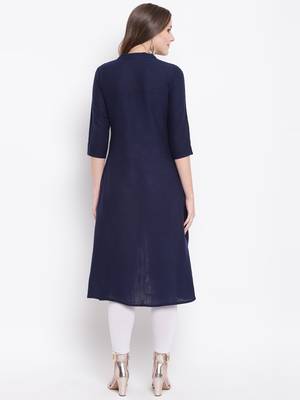 Navy Blue Gold Print Cotton Slub A-Line Kurta 2